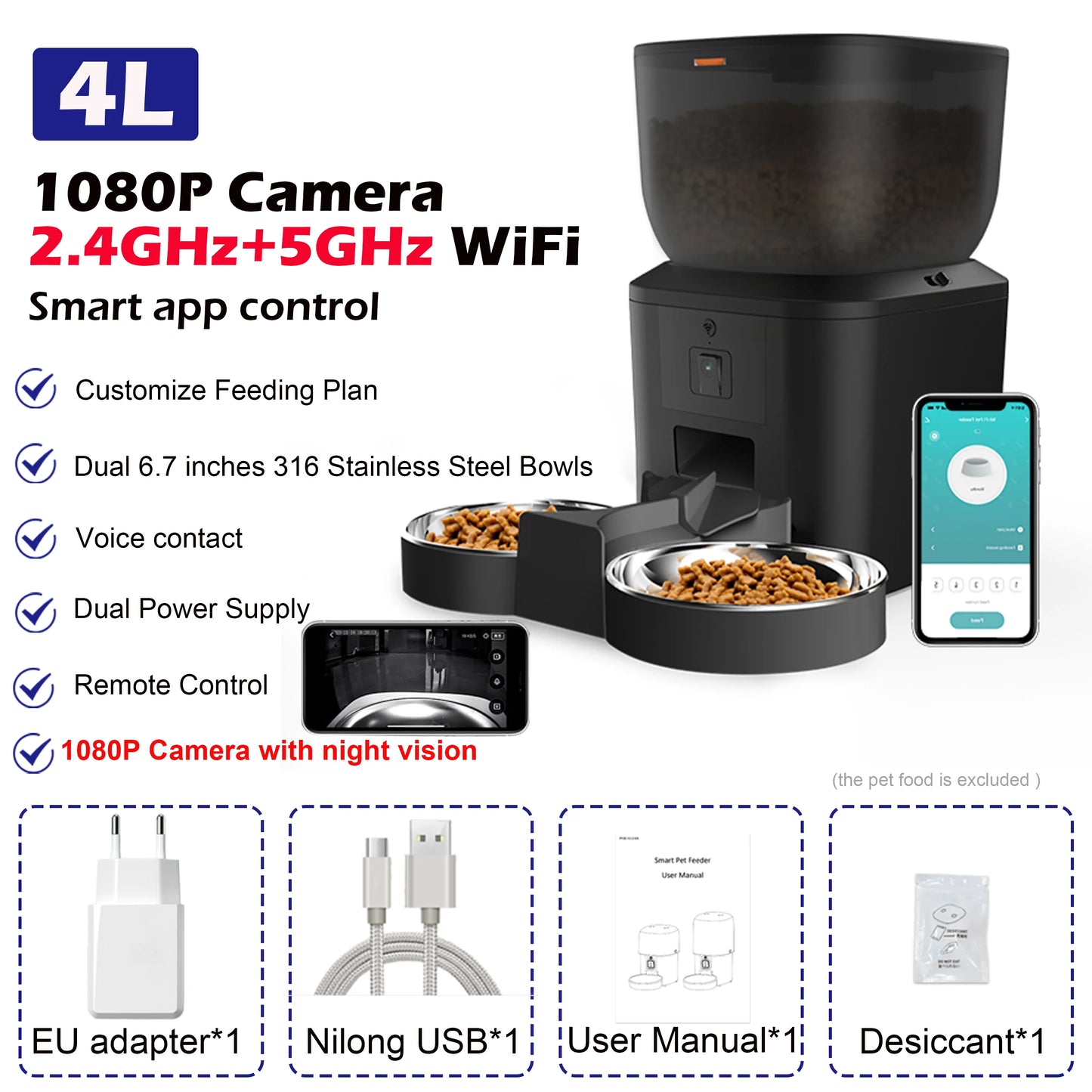 Automatic Cat Feeder With 1080p Camera Video Cat Food Dispenser