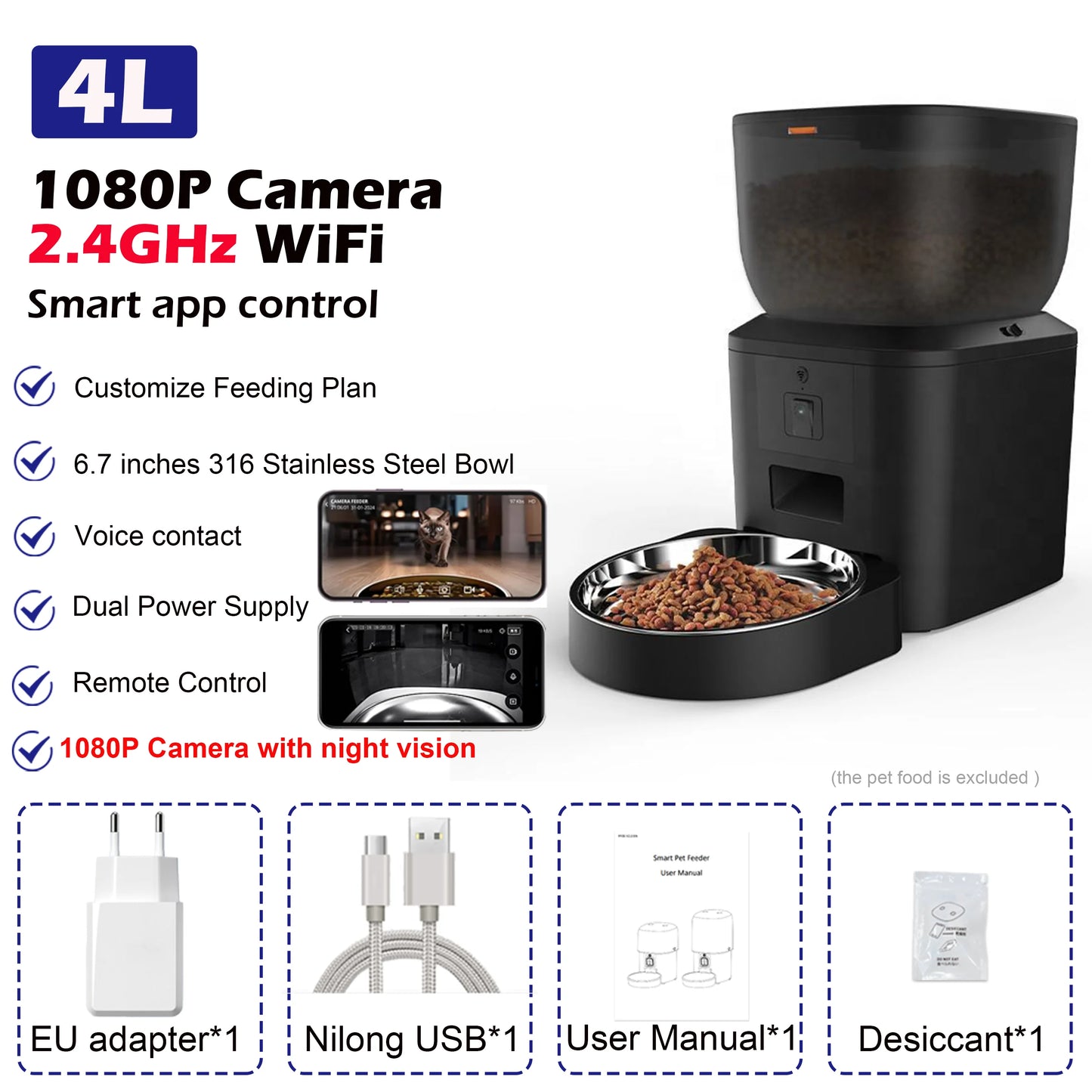 Automatic Cat Feeder With 1080p Camera Video Cat Food Dispenser