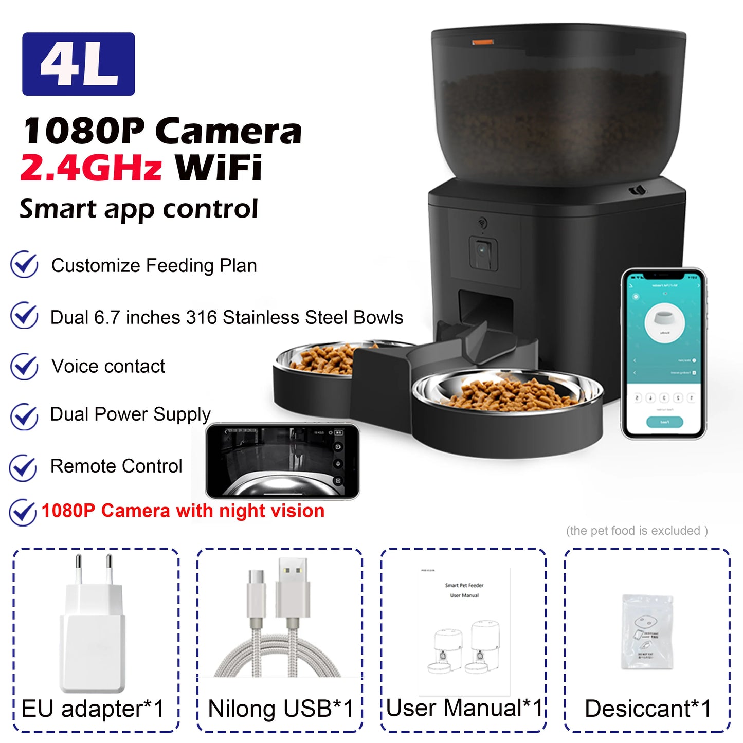 Automatic Cat Feeder With 1080p Camera Video Cat Food Dispenser
